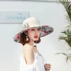 Summer Womens Super Big Brim Sun Hat Fashion Printing UV Protection Wind Rope Fixed Beach Hat Foldable240409