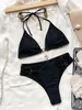 Kvinnors badkläder 2024 Kvinnor Sexig triangel inslagna bikini set damer 2-stycken pushup vadderad baddräkt fast halter brasiliansk biquini