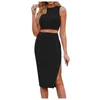 Sukienki swobodne 2 -częściowy 2 -częściowy rękaw z rękawem z czołgiem Top Bodycon Slit Midi Spirt Strój