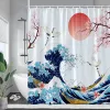 Tende da doccia paesaggistica in stile giapponese astratto onde di mare di montagna decorazioni per bagno di uccelli in fiore di ciliegio con ganci