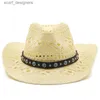 Breda randen hattar hink hattar män halm western cowboy hatt hand gjord strand filt sunhats party cap för man kvinna curling brim cap sun skydd unisex hattar y240409