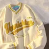 Kadın Hoodies Sarı Mektup Nakış V Boyun Vintage Büyük Boyu Sweatshirt Kadın Erkek Külkü Uzun Kollu Sokak Günlük En İyi Spor Gençler