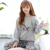 Home Clothing JINUO Simple Style Grey Cartoon Woman Winter Pajamas Sets Sleepwear Soft Flannel Warm Pyjamas Suits For Femme Ladies