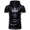 Herrjackor sommar svart kortärmad läder t-shirt huva trend
