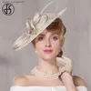 Chapéus de aba larga Chapéus de balde fs fascinadores para mulheres elegantes linho branco chapéu de comprimido de casamentos reais Chapéus de noiva Senhoras Sinamay Derby Cocktail Fedoras Y240409