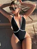 Kvinnors badkläder en bit baddräkt sexig svart kontrast halter rygglösa kvinnor 2024 djup v hals simning slitage baddräkt monokini simma