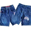 Herr shorts sommar hip hop tecknad grafik tärningar 7 broderi jeans haruku retro baggy jorts för män y2k jnco gym basketball