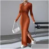 Grundläggande avslappnade klänningar Kvinnor Mantelklänning Elegant Plover Turn-down Skickad tröja Autumn Slim Fit Chic Female Midi Vestidos 2023 Drop D DH690