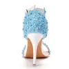 Chaussures habillées Crystal Queen Femmes Sandales Sky Blue en dentelle Fleurs Perle Tassel Bridal 9cm Fine Talons hauts Pompes minces Mariage H240409