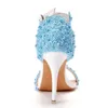 Dress Shoes Crystal Queen Women Sandals Sky Blue Lace Flowers Pearl Tassel Bridal 9cm Fine High Heels Slender Pumps Wedding H240409 FNIJ