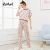 Hemkläder Romwe Pyjamas för kvinnor Multicolor Flamingo Print Casual Nightwear Short Sleeve Woman kläder 2024 Summer Sleepwear Pyjama Set