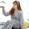 Home Clothing JINUO Simple Style Grey Cartoon Woman Winter Pajamas Sets Sleepwear Soft Flannel Warm Pyjamas Suits For Femme Ladies