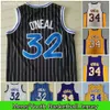 Vintage 34 Shaquille Oneal 32 Jerseys de basket-ball Shaq Neal jaune violet noir Stripe Ed Jerseyss Breathable Fans Cadeaux Men Kids