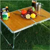 Lägermöbler Portable Folding Table Outdoor Cam Wood Desk Camper med handtag återanvändbar ryggsäck strandbärande droppleverans Sport DHWMT