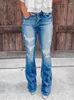 Kvinnors jeans kvinnor sträcker mager flare rippade dam hög midja byxor klocka botten ben vintage streetwear hål mamma kontor byxor