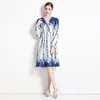 Hofstil Frauen elegantes Kleid Vintage Print Stylist V-Ausschnitt Einbriefe Kleid Bubble Lantern Ärmel Vestidos