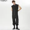 Herrbyxor incerun 2024 American Style Mens Jumpsuits Funny Cross Design Zippered Overalls Stylish Solid Sleeveless Rompers S-5XL