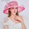 Chapeaux à bord large chapeau seau de godet français Vintage Femmes pliables Organza Église Derby Chattes Ruffles Wide Brim Summer Bridal Sun Hat Ladies Extérieur Style Sun Sun Y240409