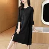 Casual Dresses 2024 Pleated Miyake Spring Autumn Donna Lady Single-breasted Loose Beaded Exquisite Buckle Cardigan Elegant Dress