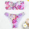 Kobietowe stroje kąpielowe Purple Cute Floral Print Bikini dla kobiet 2024 Seksowne marszczyzne bez ramiączek Backless Swimsuit koronkowy Bandeau Summer Beach