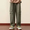 Pantalon masculin pantalon lâche cargo vintage avec taille élastique multiples poches avec décor de sangle douce respirante pour haut