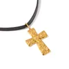 Textured Stainless Steel Cross Pendant, Leather Rope Necklace, Women's 18K Gold Plated Jewelry Wholesale