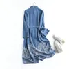 Casual Dresses Autumn Denim Embroidery Dress Women Lapel Collar With Belt Skirt Long Sleeve Loose Shirt Retro Spring D39553QC