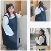 Plus Size Dresses Korean Clothes Round Neck White Puff Long Sleeve Top Fashion Black Pocket Design Loose Womens Sets Strap Dress Drop Dhja4