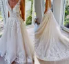 Modern Lace Tulle Wedding Dresses A Line Bohemian Sexy Backless V Neck Bridal Gowns With Appliques Ruffles robe de maraige BC14398