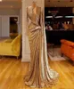 Sexy Gold Sequined Evening Dresses Long Sleeves Ruched Deep V Neck Mermaid Prom Dress Dubai African Formal Party Gowns Vestidos de2620977
