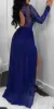 Royal Blue Prom Kleider 2024 Sheer Long Sleeves Pailletten Applikationen Seiten aufgeteilte Chiffon Abendkleider öffnen ein Linienpartykleid zurück