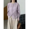 Blusas femininas mola cor de cor sólida de cor redonda de pescoço de trespassado Purple camisa roxa