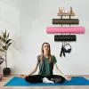 Yoga Mat Holder Accessories Wall Mount Organizer Storage Decor Foam Roller and Towel Storage Rack with 4 Hooks and Wooden Shelve