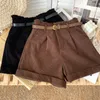 S5XL Corduroy Rolled Wideleg Shorts 여성 가을 ​​레트로 하이 허리 느슨한 허리 느슨한 캐주얼 짧은 바지 벨트 A 라인 Femme 240409