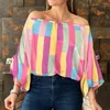 Dames blouses dames zomer top gestreepte afdrukken uit schouderblad patroon lantaarn mouw batwing pullover blouse vrouwelijke kleding