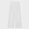 Kvinnor avslappnad vardaglig outfit vit linne hög stigning veckade breda benbyxor