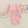 024m Toddler Baby Girl Clothes Set Couleur Couleur Soule Couper Round Coule à manches longues Tops et shorts à volants décontractés élastiques 240327