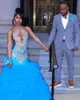 Blue Sparkly Long Mermaid Prom Ceremony Dresses for Black Girl 2024 Luxury Diamond Ruffles Evening Birthday Gown Gala