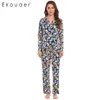 Hemkläder Ekouaer Kvinnor Pyjamas Set Nightwear Långärmad blommig tryck Sleepwear Stäng av krage Pyjama Set kvinnliga hemkläder kostymer