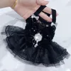 Pet Dog Desmode Mode sexy Black Sling Lace Princess Dress voor kleine medium handgemaakte fijne pailletten kristallen boog puppy rokken 240402