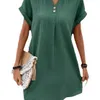 Womens V-neck Solid Color Pullover Comfortable Casual Button Dress