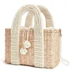 Shoulder Bags 2 Pcs Women's Bag With Pearl Ladies Tote Crossbody Handbags Handmade Straw Basket Creamy-White & As Shown