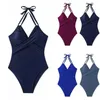 Women's Swimwear Solid Color Women One Piece Swimsuit Halter Strap Adjustable Push Up Bathing Suit V Neck High Cut Tummy Control