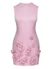 Lässige Kleider Frauen elegante Luxus 3d Blume Satin O Hals Rose Blumen Pink Slim Kleid Vestidos Para Mujer Geburtstag Abend Cocktailparty