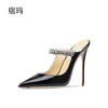 2023 Summer Women Sandals High Heel Slippers Crystal Decoration Point Toe Back Strap Elastic Band Eleganta Fashion Shoes Ladies 240327
