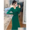 Basic Casual Dresses French Elegant Long Dress Women Retro Green Elastic Twist Diamond Bodycon Ruffles Fishtail Robe Party Banquet Ves Dhbwd