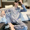 200 Catties Ice Silk Long Sleeves Nightwear Men Pyjamas Set Spring Autumn Leopard Grain Lounge Satin Male Sleep Clothing Night S 240329