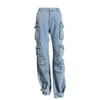 Anskztn Women Troushers Cargo Casual Multi-Pockets jeans calça Pant for Lady Wide Jean calças