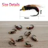 Bimoo 6pcs #8 Solga rápida de beadhead de bronze ninfa curva ralo marrom hackle bug worm moscas