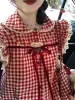 Kırmızı ekose lolita kawaii bluz kadınlar uçan kollu japon tatlı zarif gömlek kadın dantel Koreli gündelik kıyafetler yaz 2023